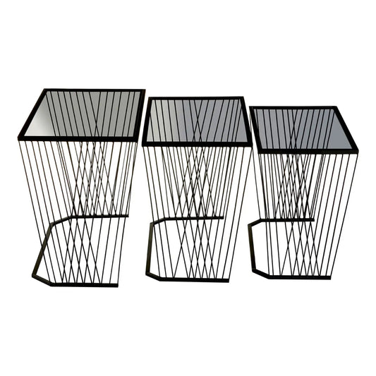 Trento Black Glass Top Set Of 3 Side Tables With Slim Black Frame