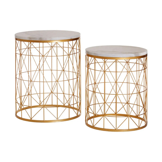 Avantis Round Marble Top Set Of 2 Side Tables With Gold Frame