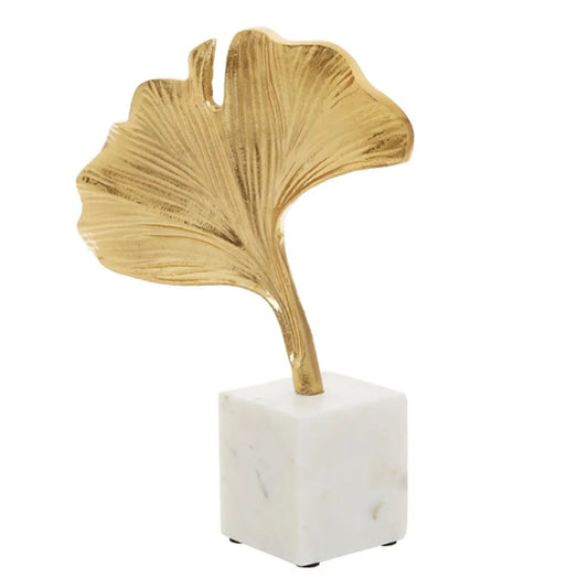 Mirano Metal Ginkgo Sculpture In Gold With White Marble Base