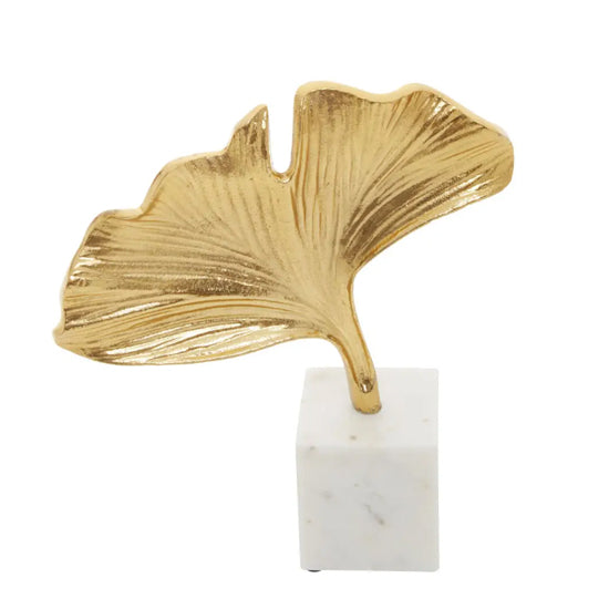 Mirano Metal Ginkgo Sculpture In Gold With White Marble Base