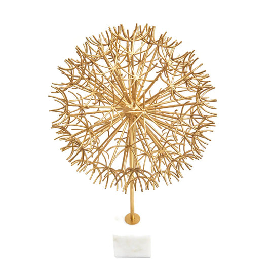 Evra Metal Dandelion Sculpture In Gold With White Marble Base