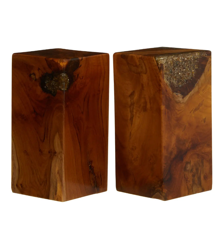Sakra Teak Wood Set Of 2 Bookends In Dark Brown