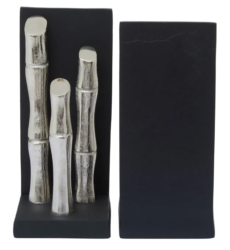 Hiba Metal Set Of 2 Bamboo Sticks Bookends In Silver