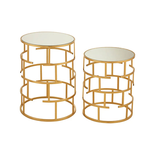 Avantis Mirrored Glass Set Of 2 Side Tables With Maze Design Frame