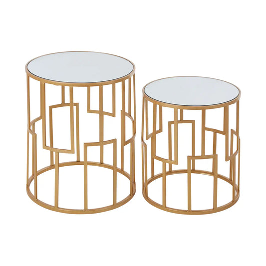Avantis Round Mirrored Glass Set Of 2 Side Tables With Gold Metal Frame