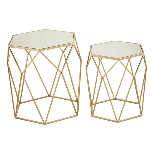 Avantis Mirrored Glass Set Of 2 Side Tables With Hexagonal Frame