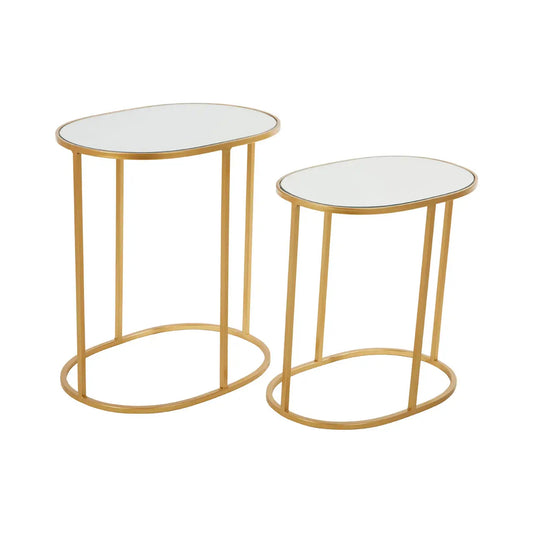 Avantis Oval Mirrored Top Set Of 2 Side Tables With Gold Metal Frame