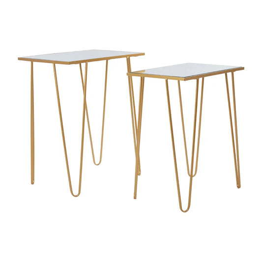 Avantis Rectangular Mirrored Glass Set Of 2 Side Tables With Gold Frame