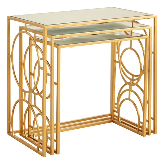 Avantis Mirrored Glass Set Of 3 Nesting Side Tables With Gold Frame