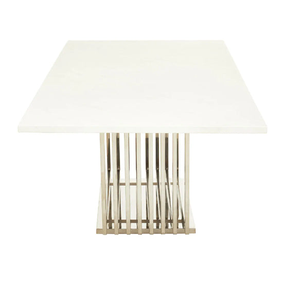 Moda Marble Dining Table In White With Silver Stainless Steel Base