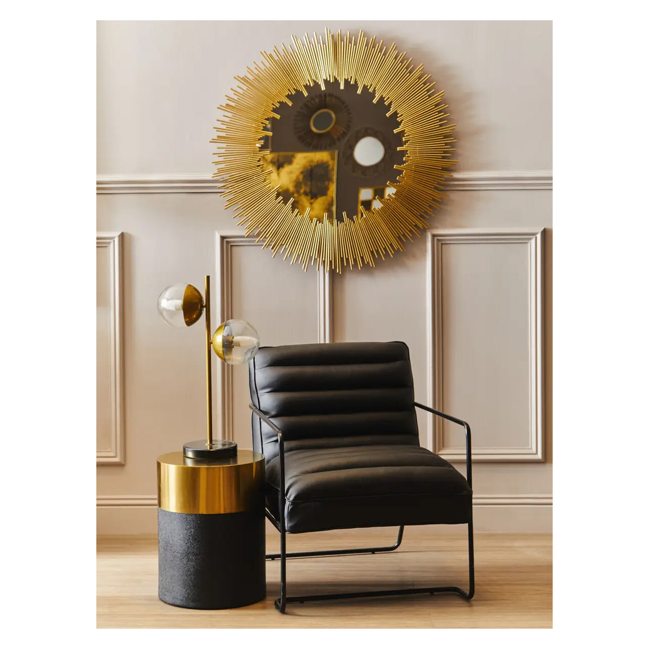 Cardoba Round Wooden Stool In Gold And Black Shagreen