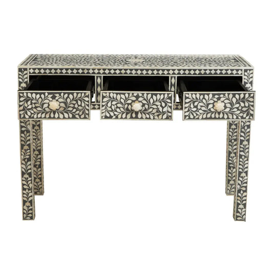 Fusion Wooden Computer Desk With 3 Drawers In Grey And Bone Inlay
