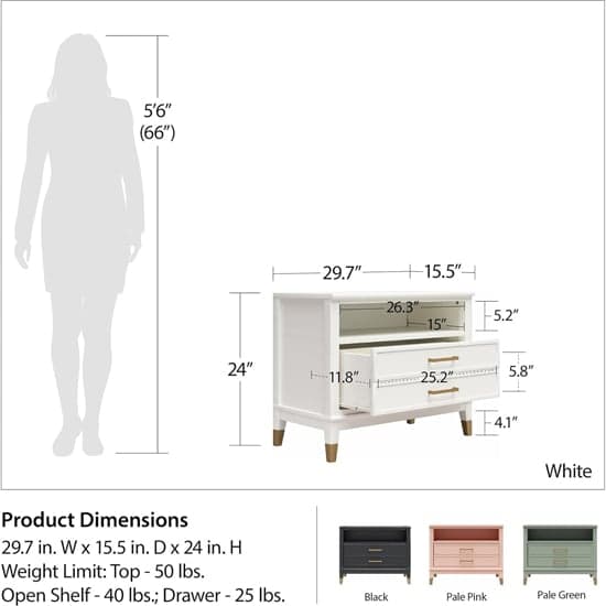 Westerleigh Wide Wooden Bedside Cabinet With 2 Drawers In Pale Pink