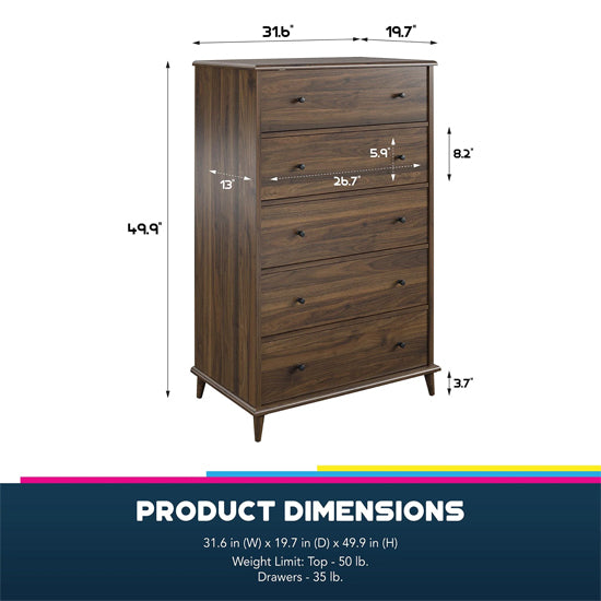 Farnsworth Wooden Chest Of 5 Drawers In Walnut