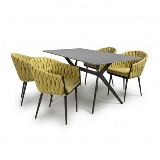 Timor Large Grey Sintered Stone Top Dining Table With 4 Pandora Yellow Chairs