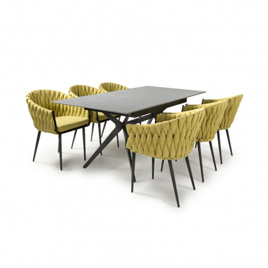 Tarsus Extending Grey Ceramic Top Dining Table With 6 Pandora Yellow Chairs