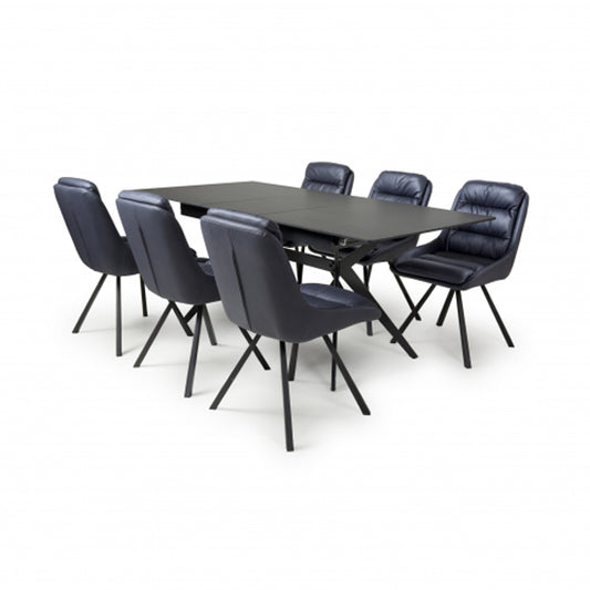 Tarsus Extending Black Ceramic Top Dining Table With 6 Arnhem Midnight Blue Chairs