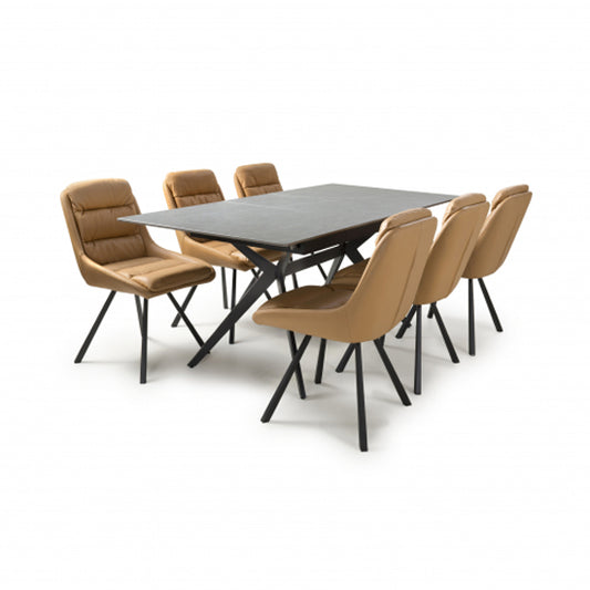 Tarsus Extending Grey Ceramic Top Dining Table With 6 Arnhem Tan Chairs