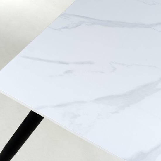 Monaco Small Ceramic Dining Table In White Marble Effect With Black Metal Legs