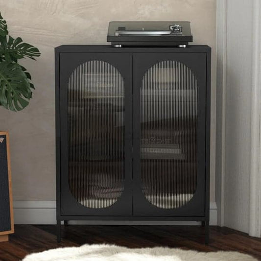 Luna Metal Storage Cabinet With 2 Fluted Glass Doors In Black