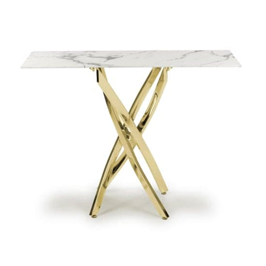 Astoria Glass Top Console Table In White With Gold Legs