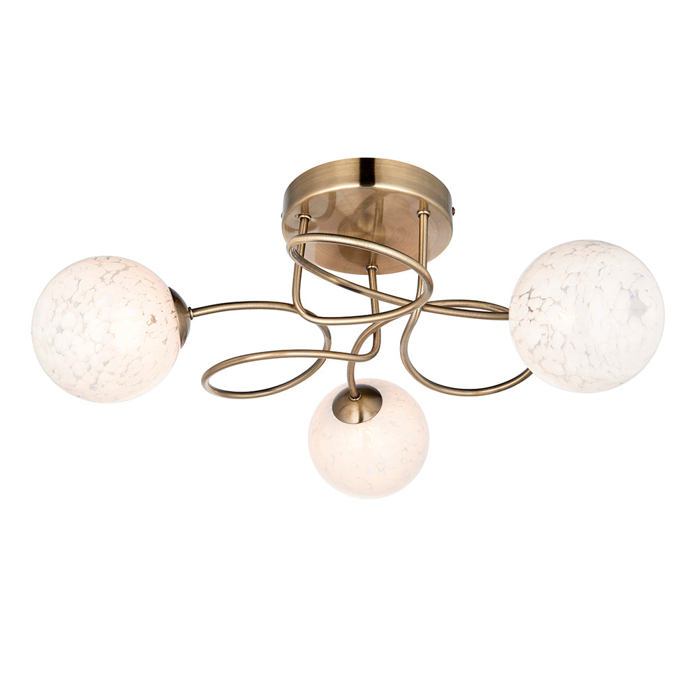 Delos White Confetti Glass Shades 3 Lights Semi Flush Ceiling Light In Antique Brass
