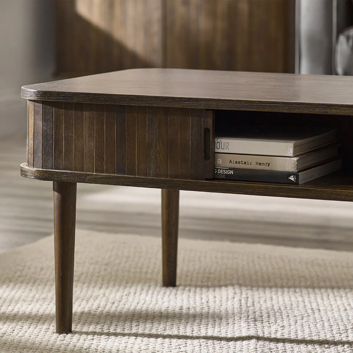 Arya Wooden Coffee Table With 2 Sliding Doors In Rich Dark Oak Effect
