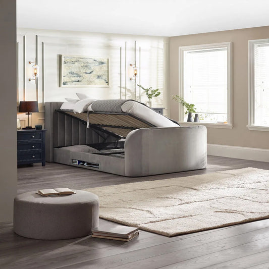 Clara Velvet Side Lift Ottoman King Size TV Bed In Light Grey