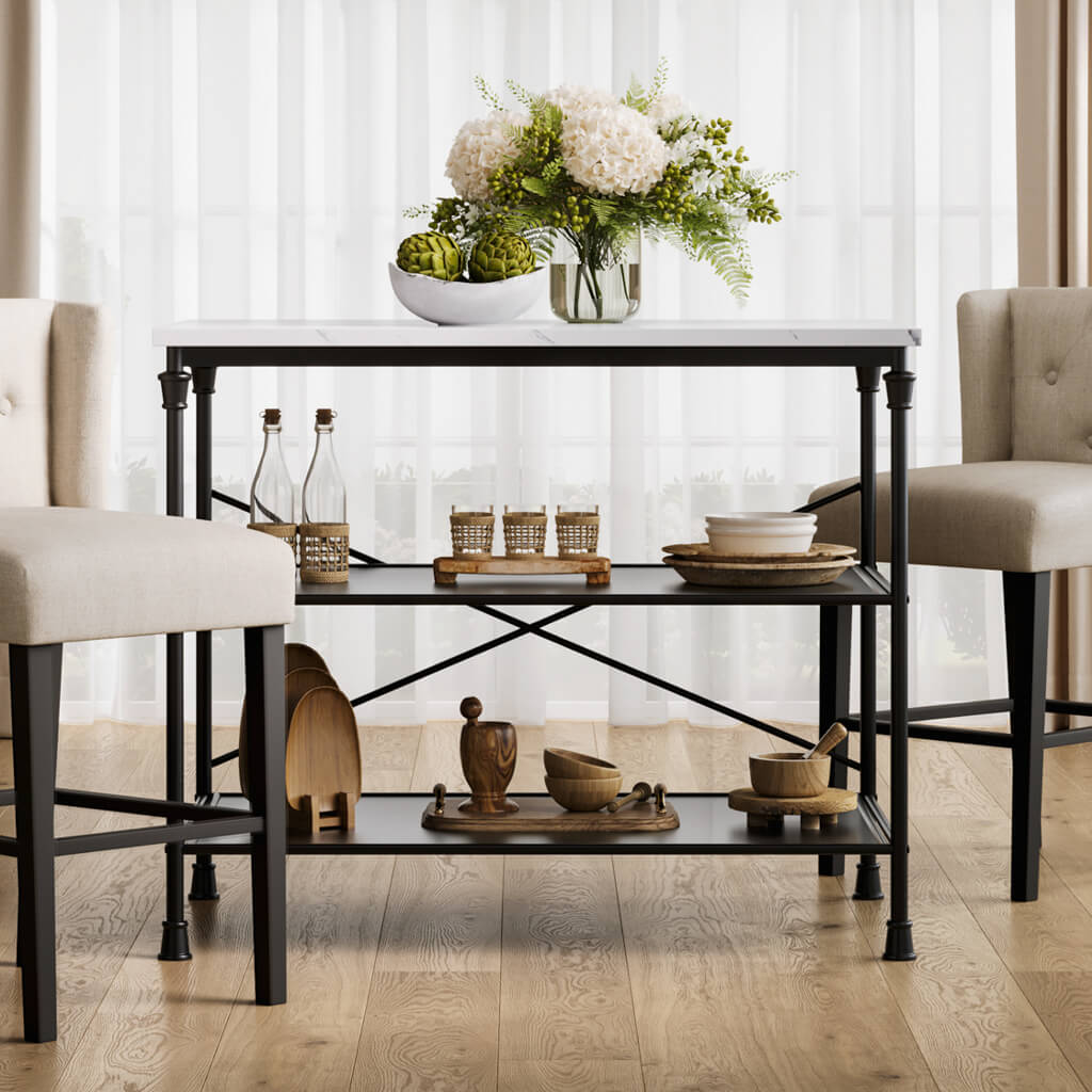 Fairmont Wooden Kitchen Island Table In White Marble Effect
