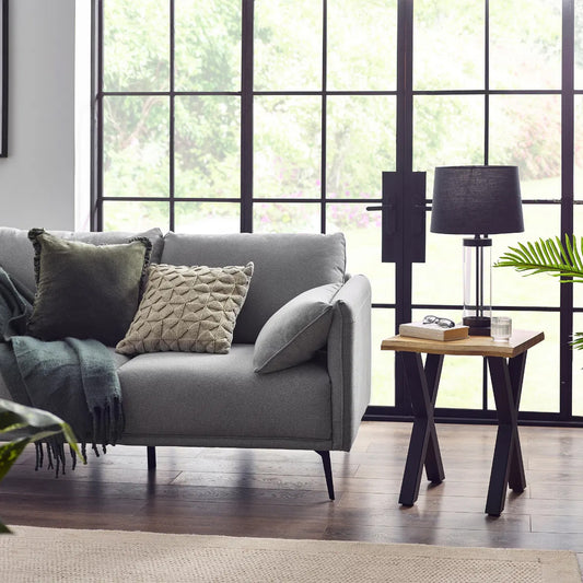 Harvey Square Wooden Lamp Table In Oak With Matt Black Steel Crossed Legs