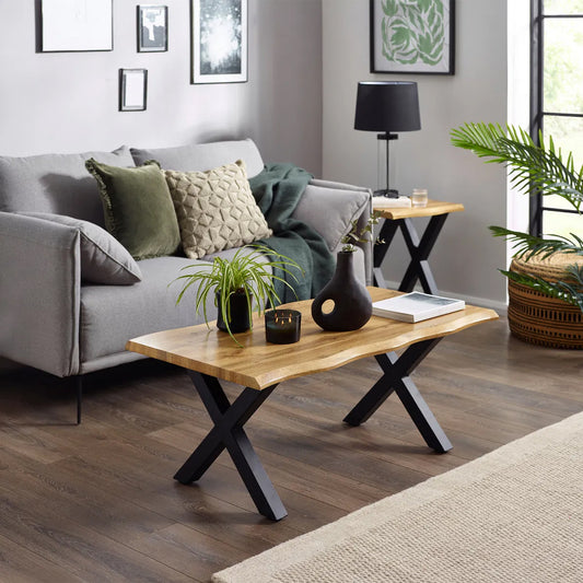 Harvey Wooden Coffee Table In Oak With Matt Black Steel Crossed Legs
