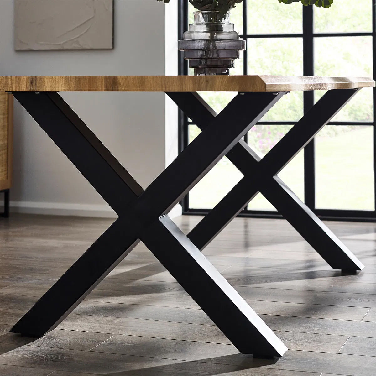 Harvey Wooden Dining Table In Oak With Matt Black Steel Crossed Legs
