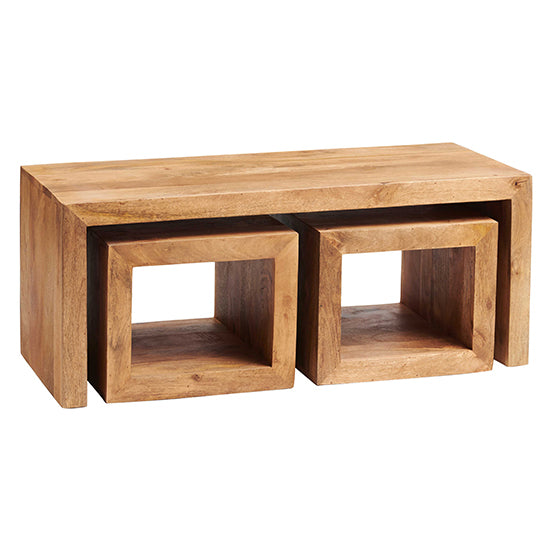 Toko Solid Mango Wood Set Of 3 Coffee Tables In Light Mahogany