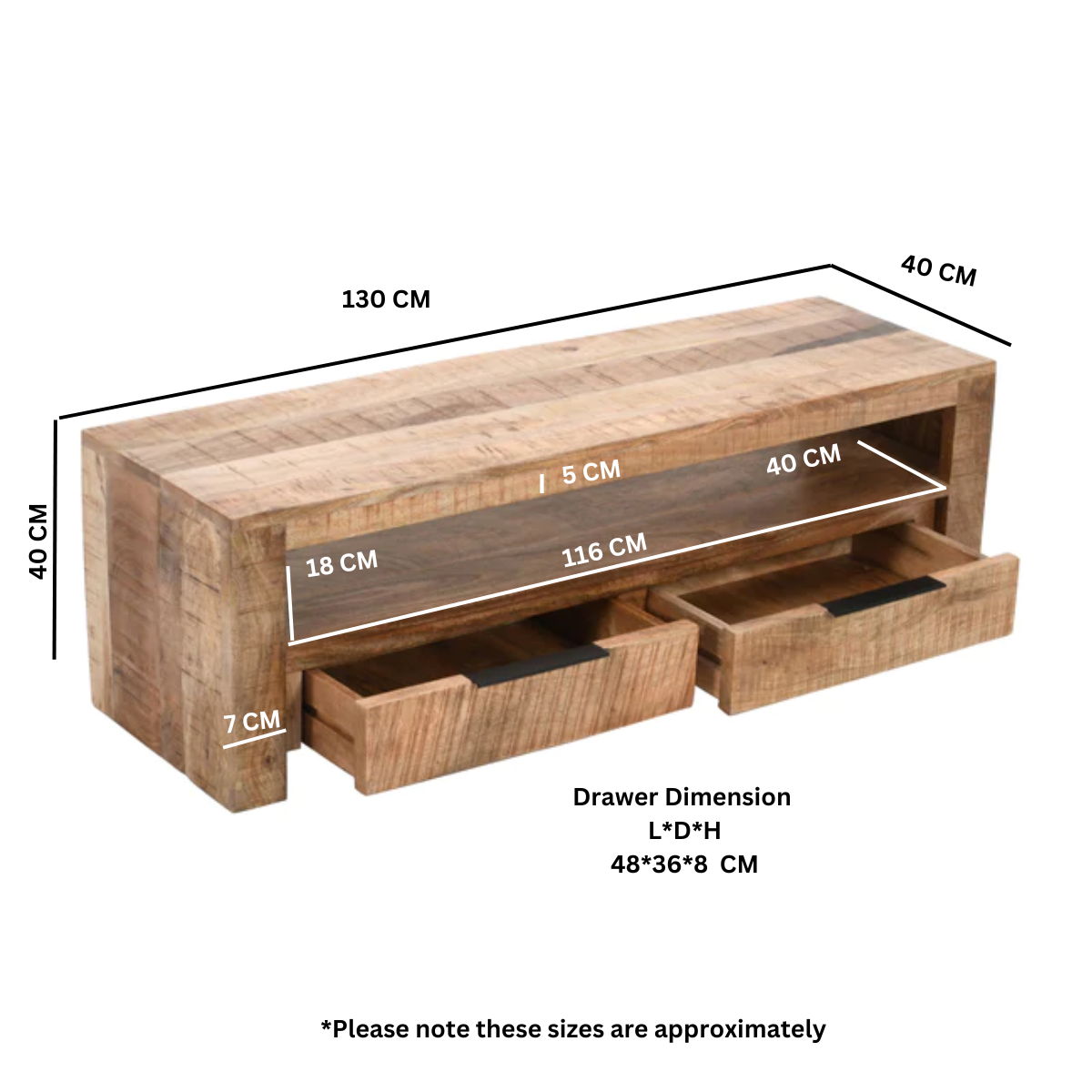 Surrey Solid Mango Wood Small TV Stand With 2 Drawers In Rough Swan