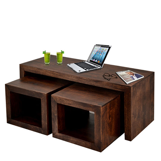 Toko Solid Mango Wood Set Of 3 Coffee Tables In Dark Mahogany