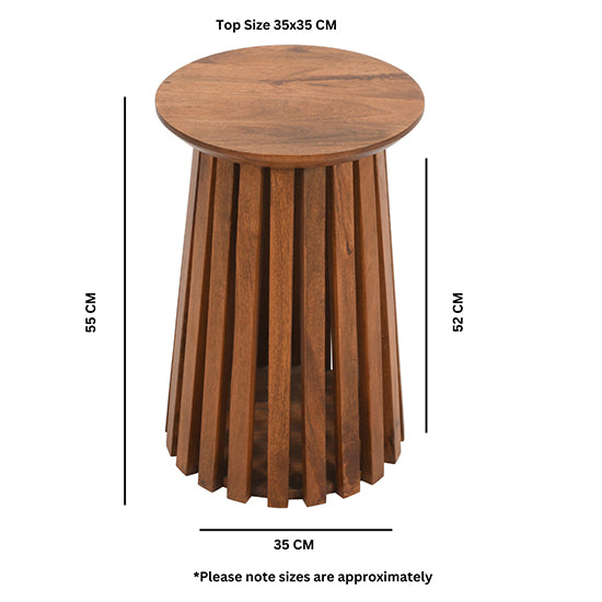 Slatted Mango Wood Round Side Table In Walnut