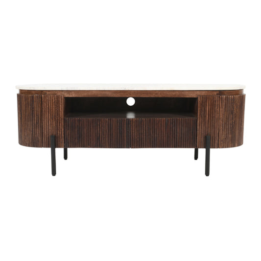 Opal White Marble Top And Mango Wood TV Stand In Dark Mahogany