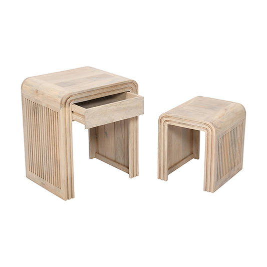 Hudson Carved Mango Wood Nest of 2 Tables With Drawer In Natural Oak