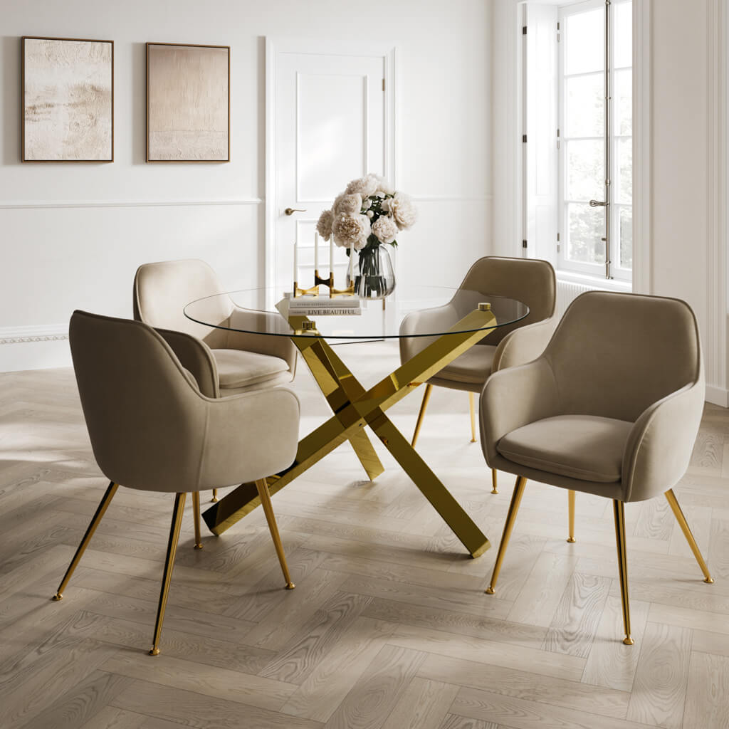 Tara Velvet Fabric Dining Chair In Light Fawn With Gold Legs