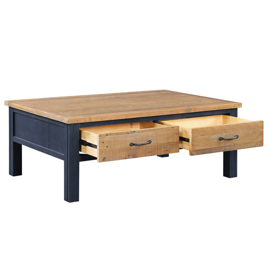 Splash Wooden Coffee Table With 4 Drawers In Oak And Blue