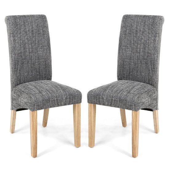 Karta Tweed Grey Weave Scroll Back Fabric Dining Chairs In Pair