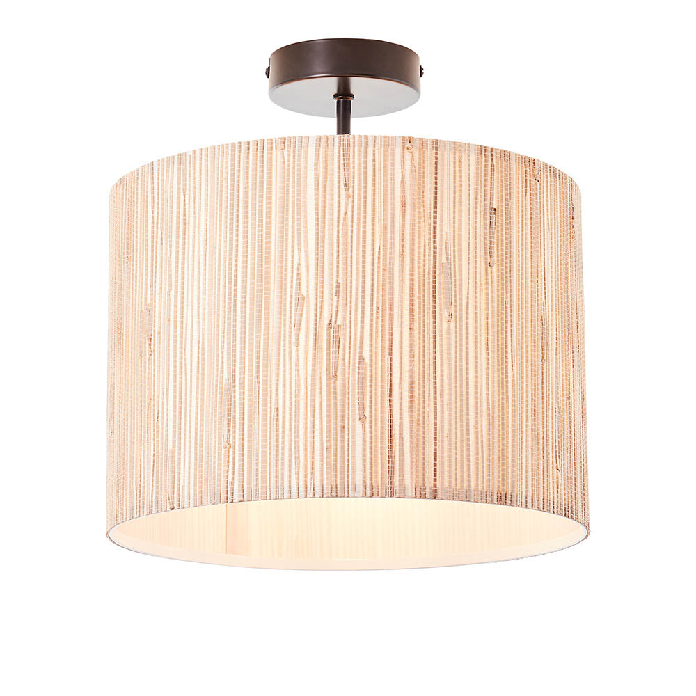 Longshore Natural Seagrass Drum Shade Semi Flush Ceiling Light In Matt Black