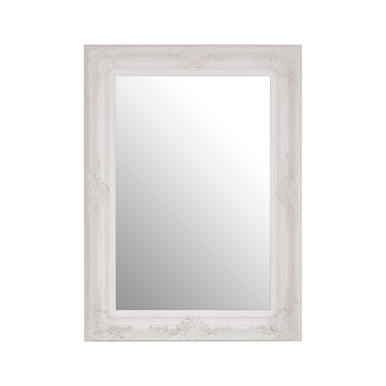 Baroque Rectangular Wall Bedroom Mirror In Antique White Wooden Frame