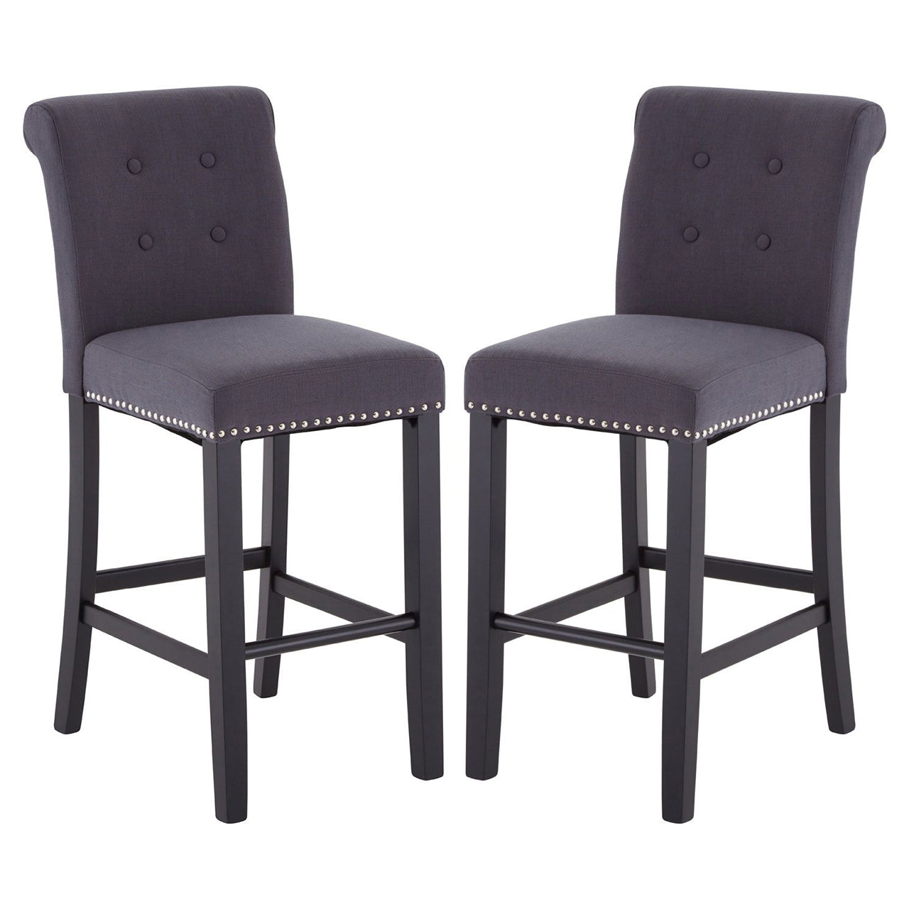 Regents Park Square Grey Fabric Bar Chairs With Rubberwood Legs In Pair