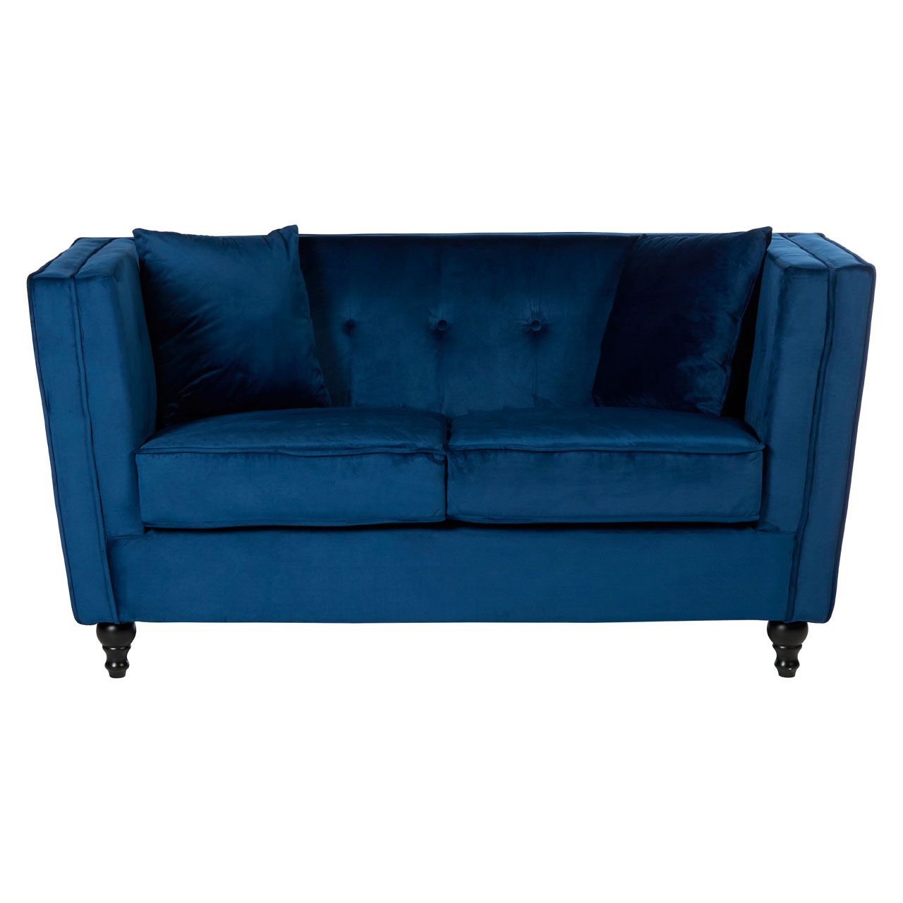 Ferris Polyester Velvet 2 Seater Sofa In Navy With Matte Black Feets