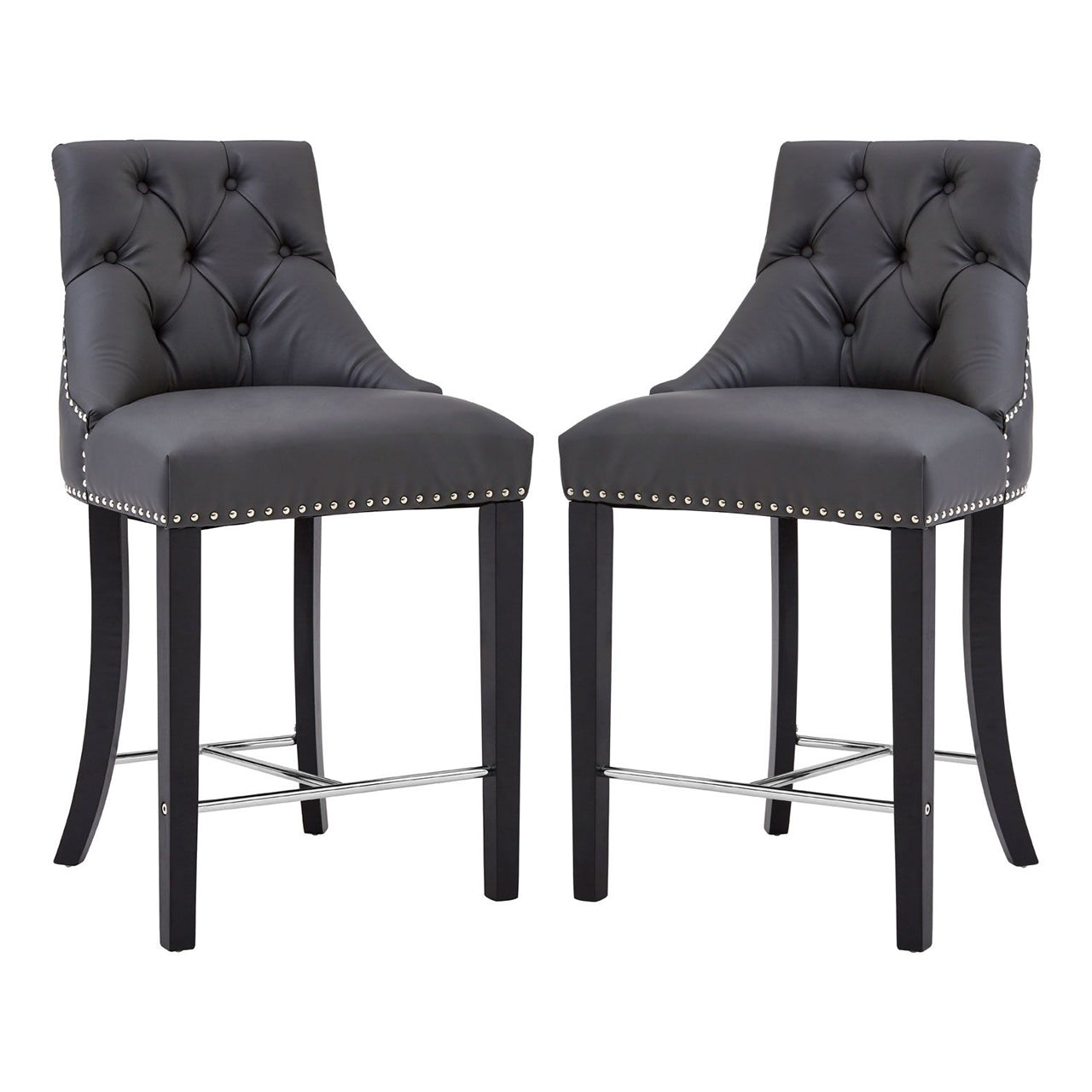 Regents Park Grey Faux Leather Bar Chairs With Rubberwood Legs In Pair