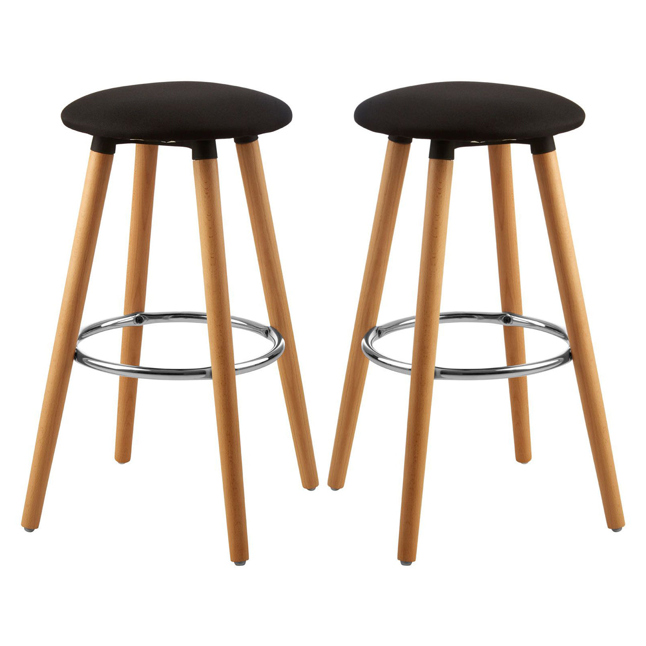 Stockholm Round Black Faux Linen Bar Stools With Beechwood Legs In Pair