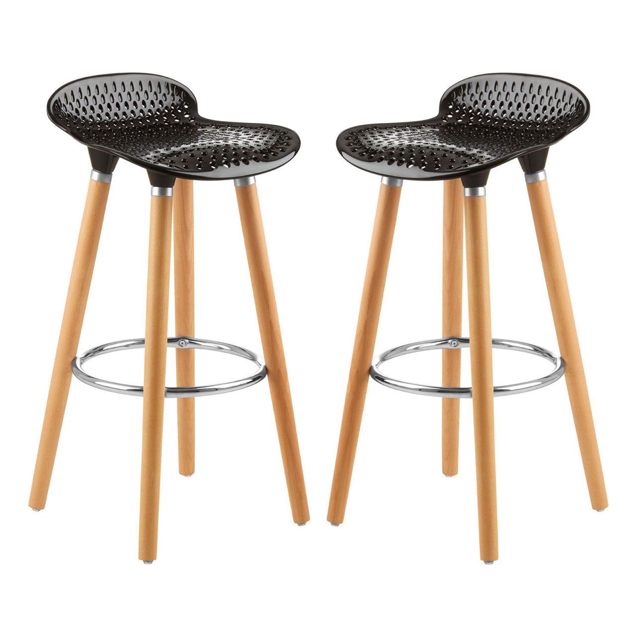 Stockholm Matte Black Plastic Seat Bar Stools With Beechwood Legs In Pair