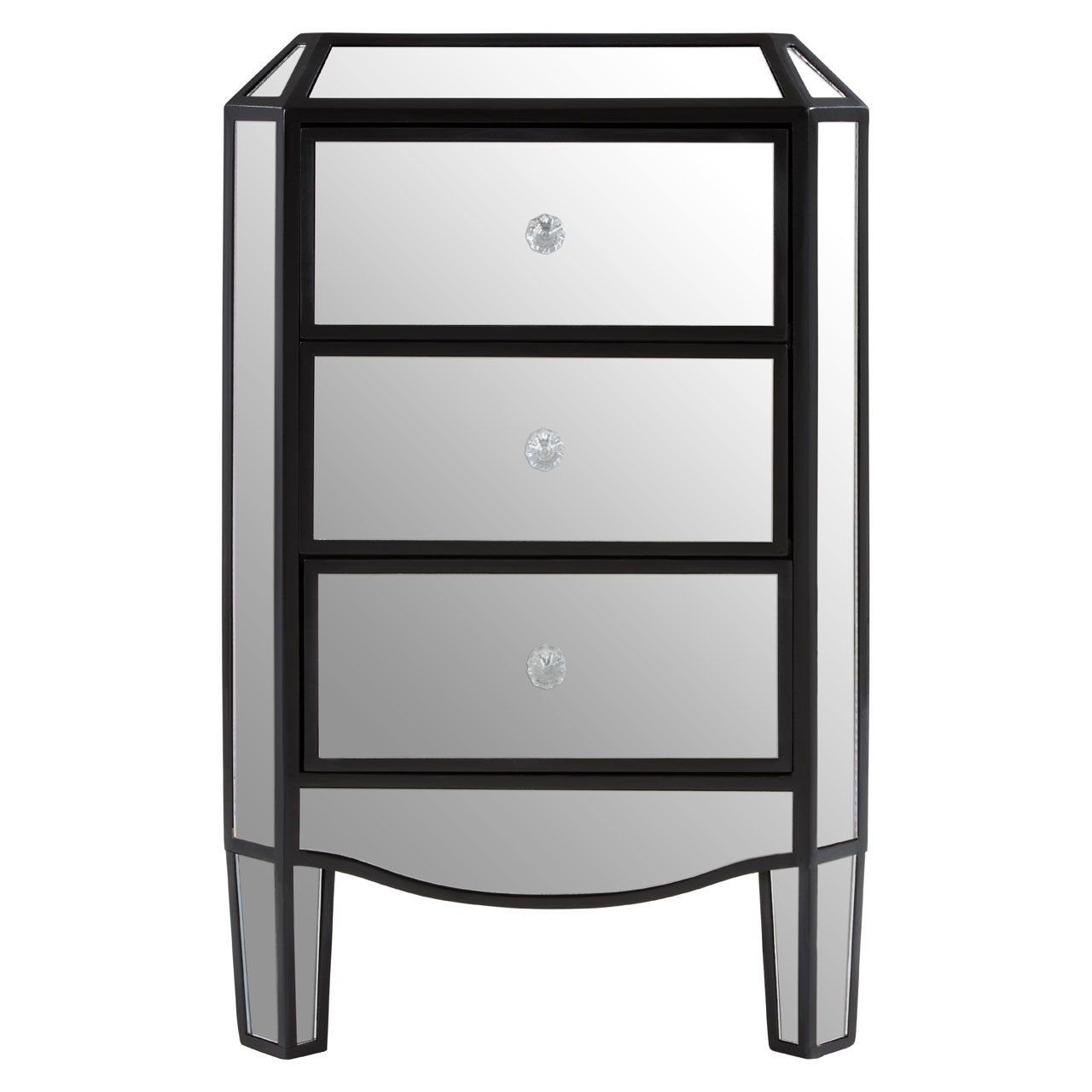 Tiffany Mirrored Chest Of 3 Drawers With Black Cut Glass Handles