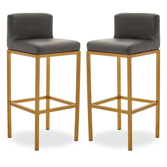 Bolney Grey Faux Leather Bar Chairs With Gold Metal Base In Pair
